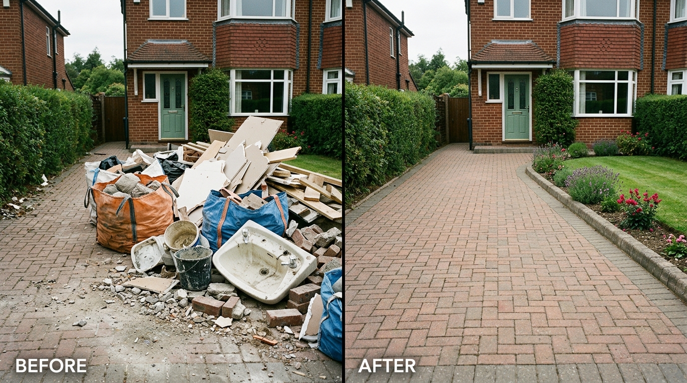 Before and after builders waste removal — a driveway piled with rubble and plasterboard cleared to clean block paving