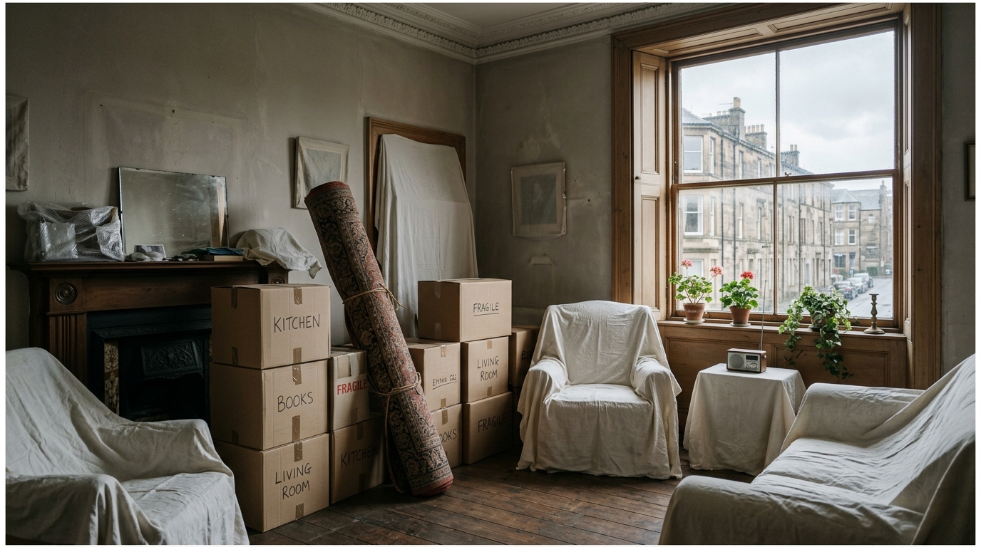 A room of bulky furniture, mattresses and packed boxes ready for uplift and removal