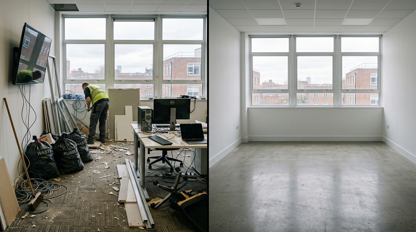 Before and after an electricals strip-out — screens, cabling and equipment removed leaving an empty room