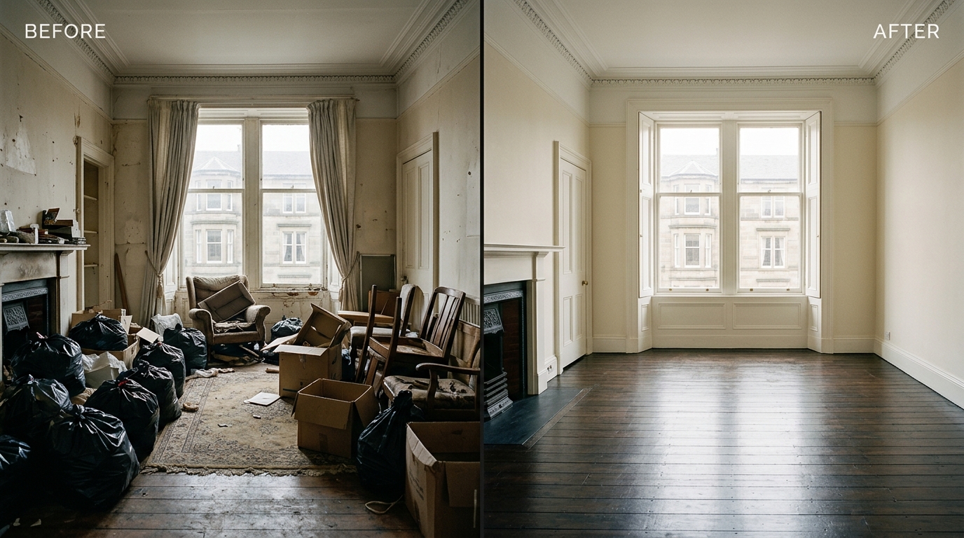 Before and after an end-of-tenancy clear-out — a flat full of abandoned items emptied ready to re-let