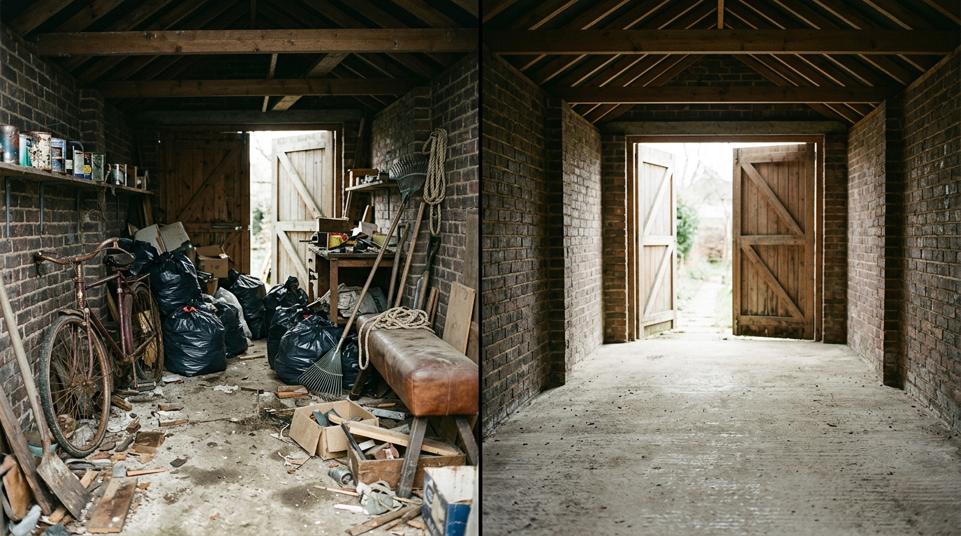 Before and after a garage clearance — a shed packed with clutter cleared to a clean, empty space