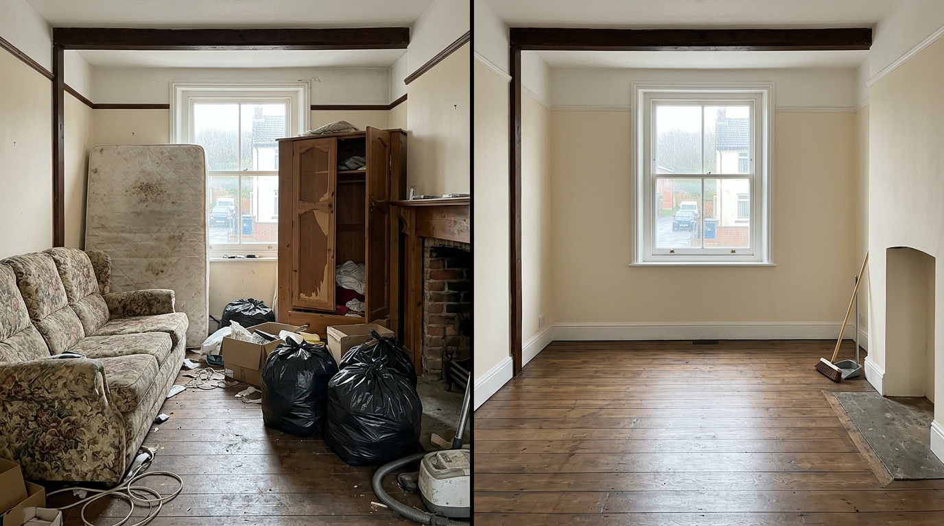 Before and after a full house clearance — a cluttered room emptied to bare, broom-swept floorboards