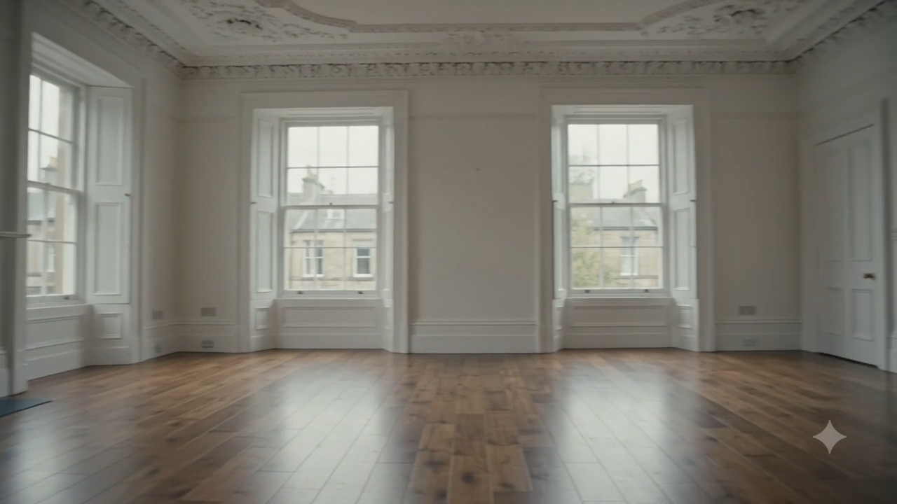 A cleared West End tenement flat — bare floorboards and original cornicing, broom-clean